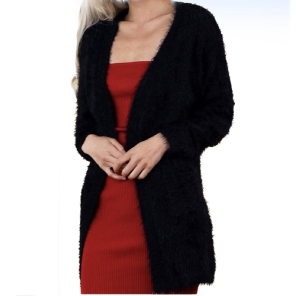 Beware Women’s Black Fuzzy Knit Open Front Long Cardigan Sweater